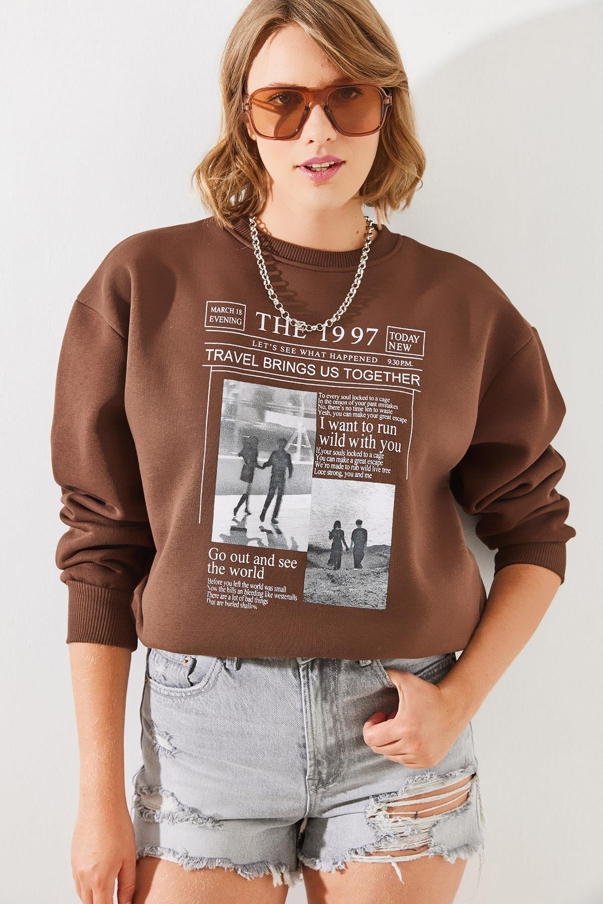 Üç İplik Şardonlu The 1997 Baskılı Sweatshirt MBHS009 60601009 - Kahverengi
