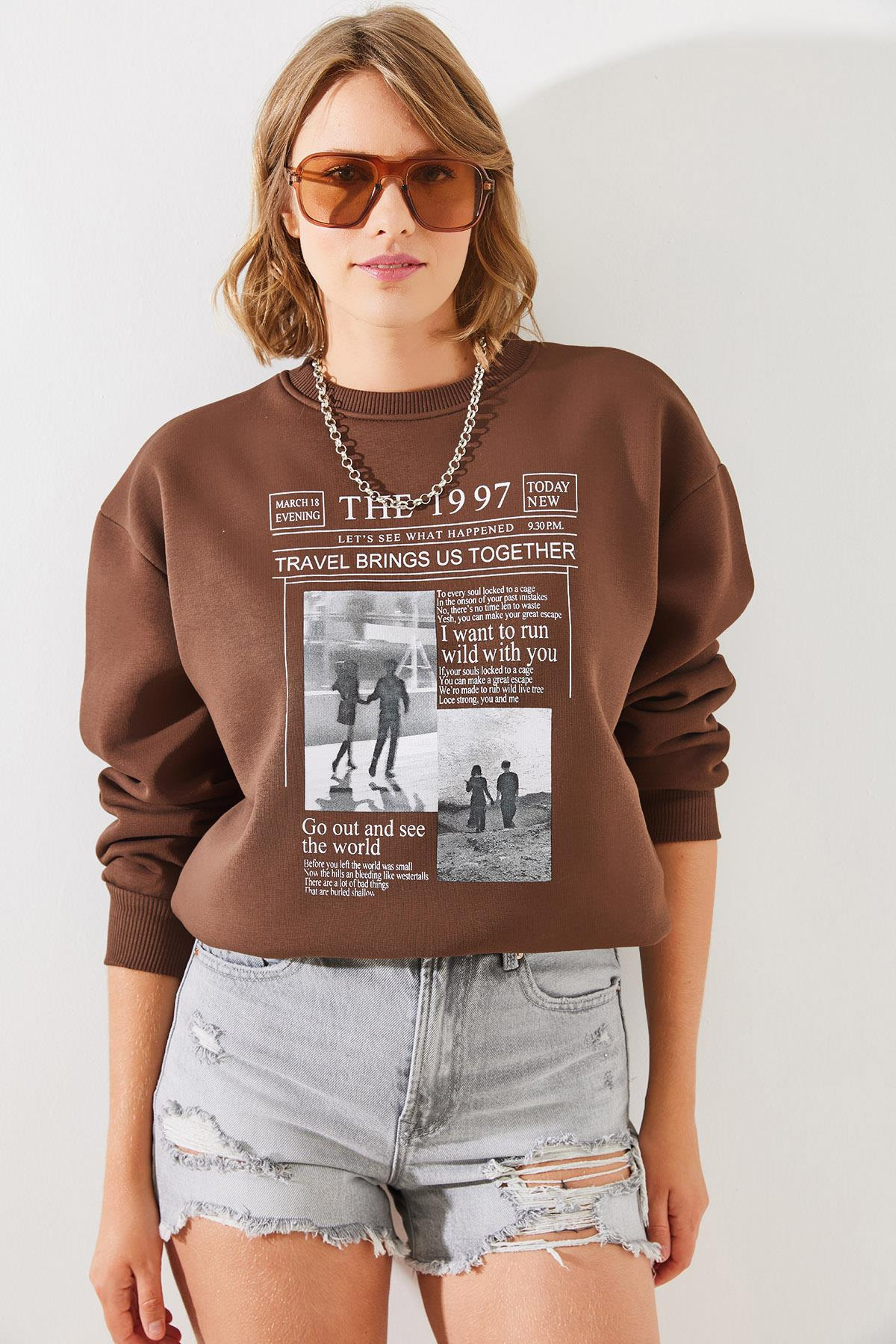 Üç İplik Şardonlu The 1997 Baskılı Sweatshirt MBHS009 60601009 - Kahverengi