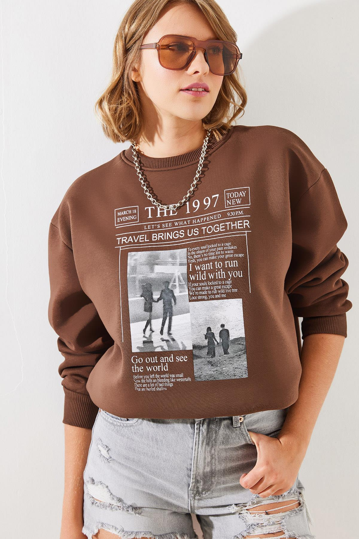 Üç İplik Şardonlu The 1997 Baskılı Sweatshirt MBHS009 60601009 - Kahverengi