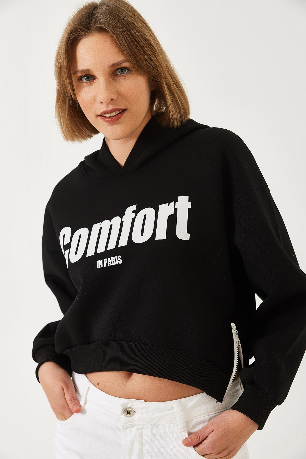 Üç İplik Şardonlu Yanları Fermuarlı Crop Sweatshirt 60261016 - Siyah SWEATSHİRT modelleri