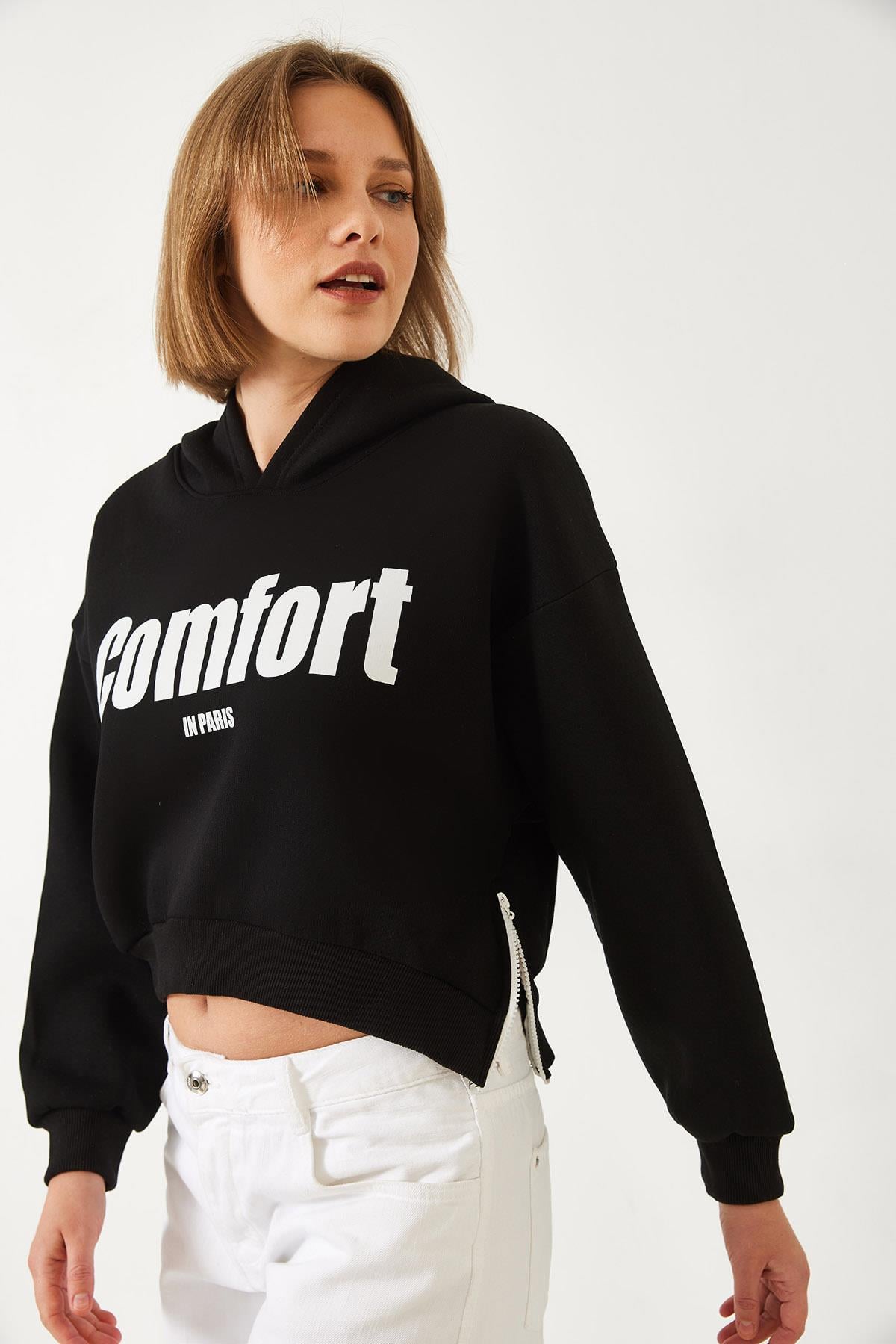Üç İplik Şardonlu Yanları Fermuarlı Crop Sweatshirt 60261016 - Siyah SWEATSHİRT modelleri