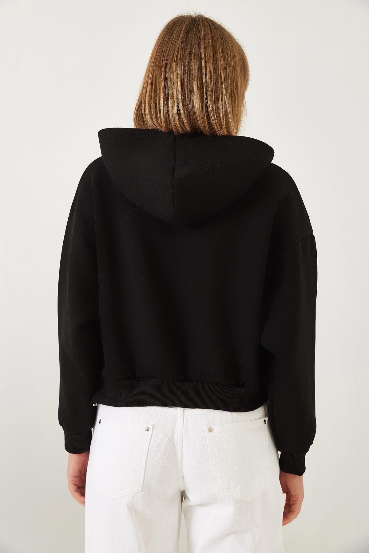 Üç İplik Şardonlu Yanları Fermuarlı Crop Sweatshirt 60261016 - Siyah SWEATSHİRT modelleri
