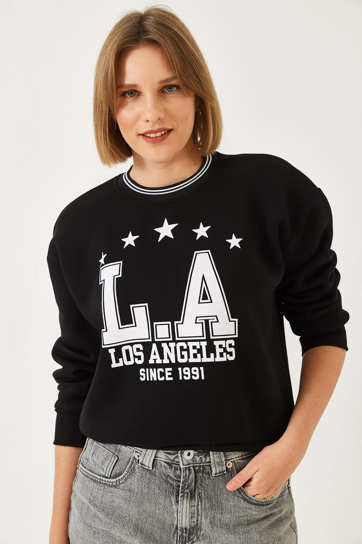 Üç İplik Şardonlu Yazılı Sweatshirt 60601038 - Siyah