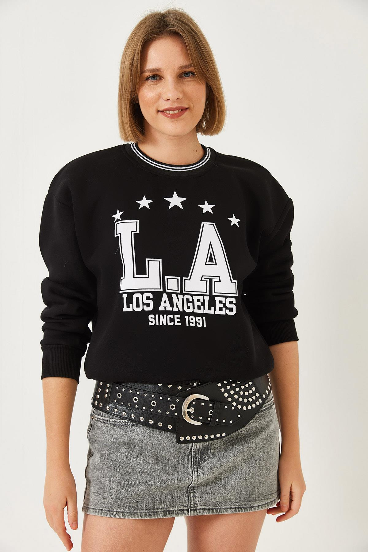 Üç İplik Şardonlu Yazılı Sweatshirt 60601038 - Siyah
