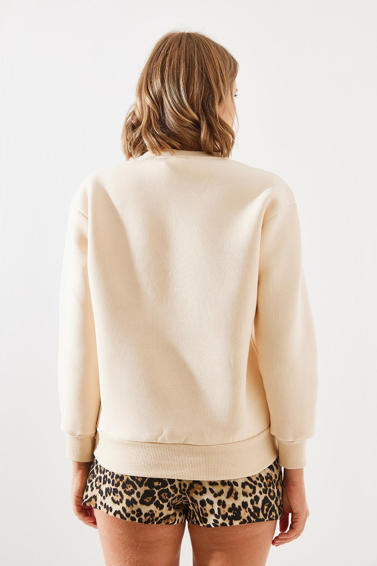 Üç İplik Şardonlu Yazılı Sweatshirt MBHS010 60601010 - Bej