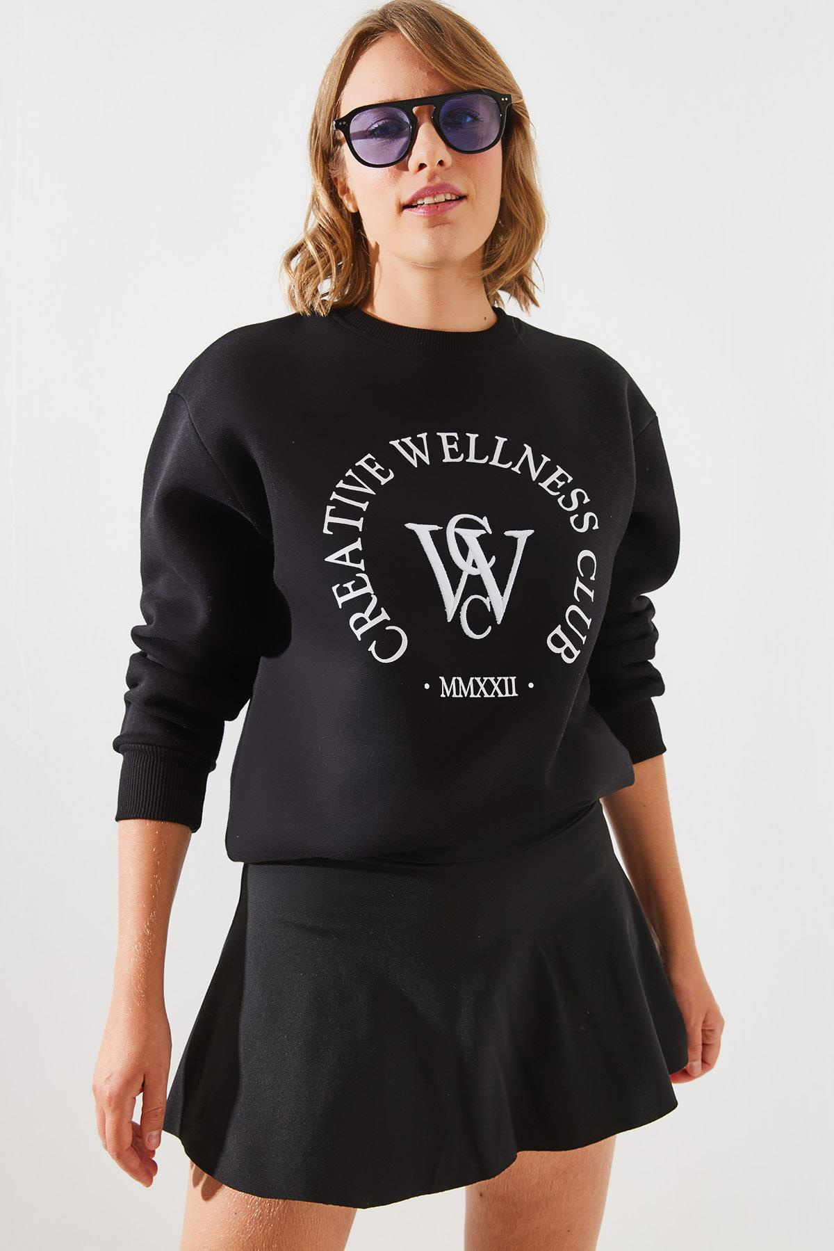 Üç İplik Şardonlu Yazılı Sweatshirt MBHS010 60601010 - Siyah