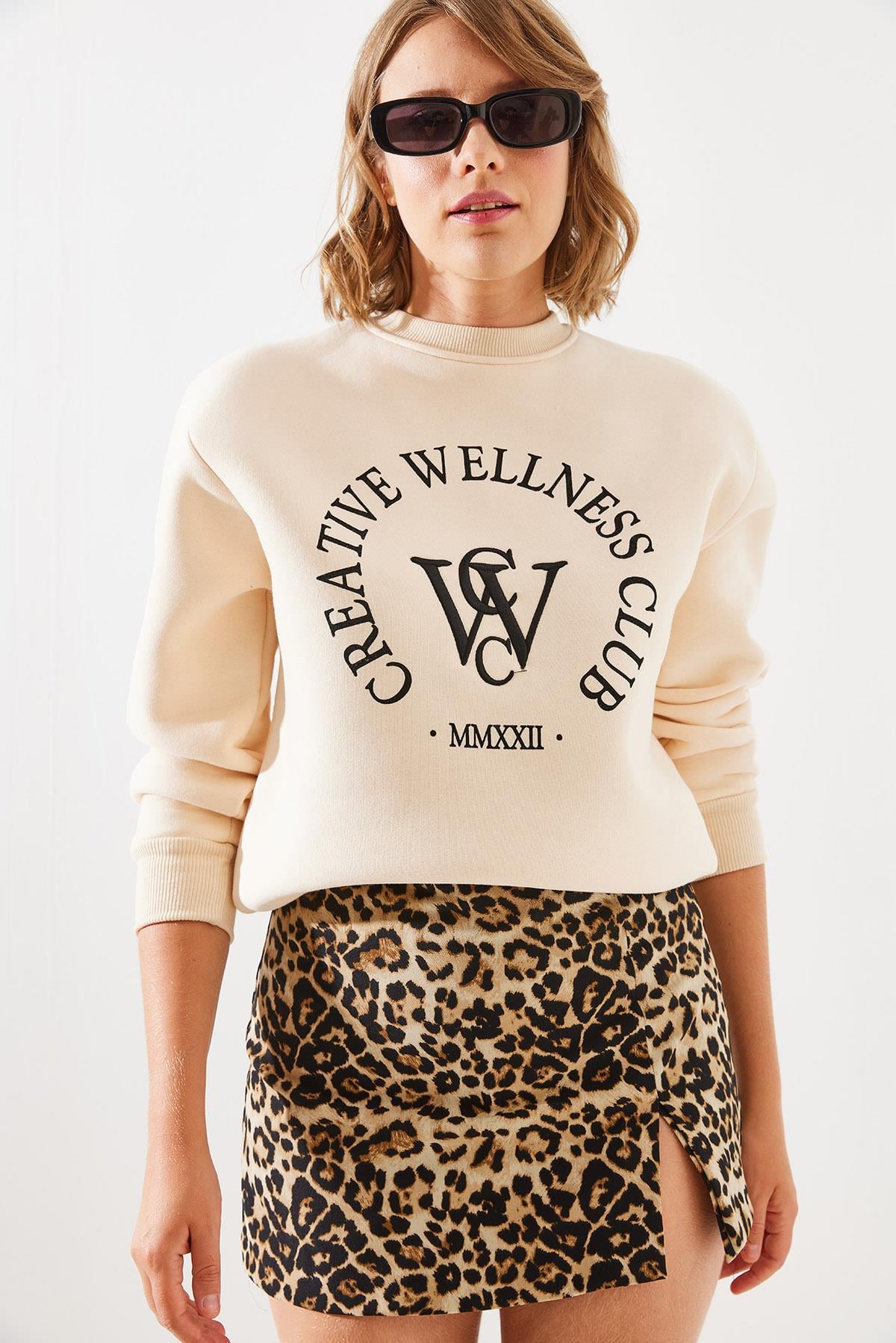 Üç İplik Şardonlu Yazılı Sweatshirt MBHS010 60601010 - Bej