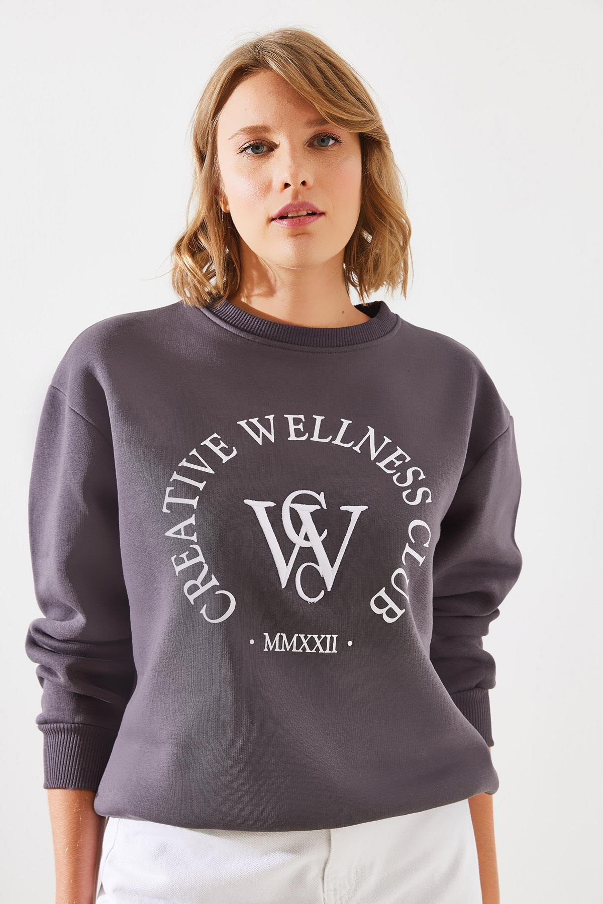 Üç İplik Şardonlu Yazılı Sweatshirt MBHS010 60601010 - Füme