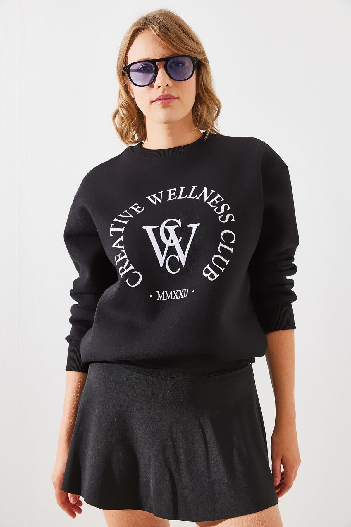 Üç İplik Şardonlu Yazılı Sweatshirt MBHS010 60601010 - Siyah