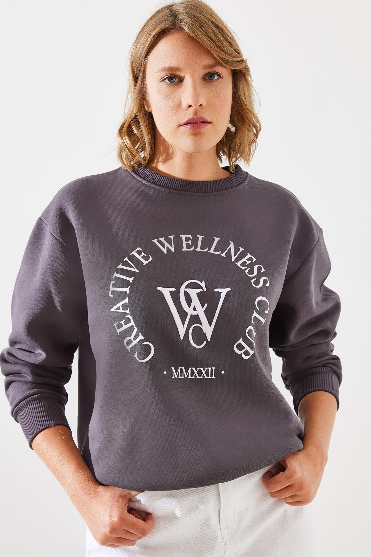Üç İplik Şardonlu Yazılı Sweatshirt MBHS010 60601010 - Füme