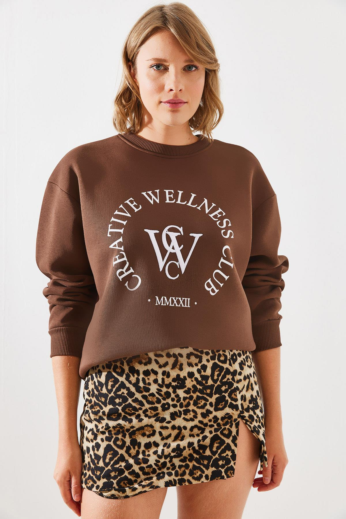 Üç İplik Şardonlu Yazılı Sweatshirt MBHS010 60601010 - Kahverengi