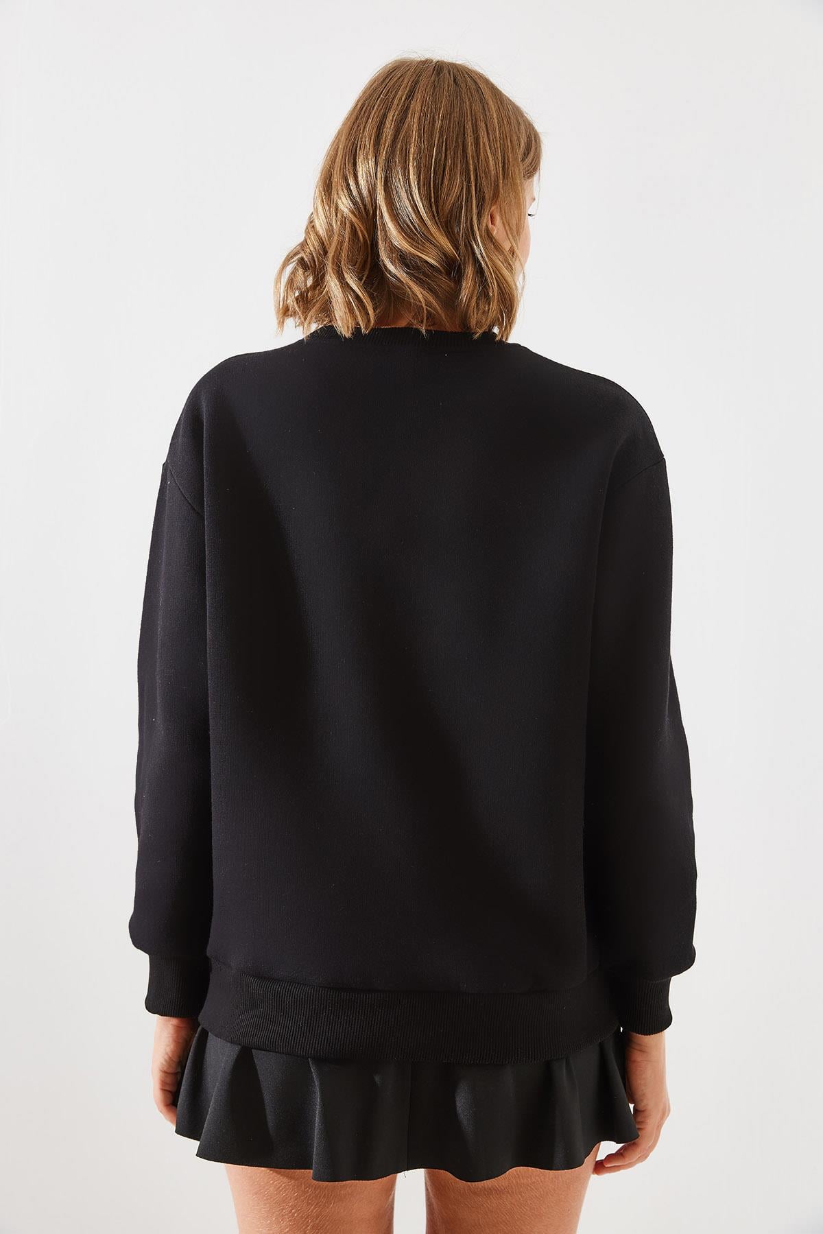Üç İplik Şardonlu Yazılı Sweatshirt MBHS010 60601010 - Siyah