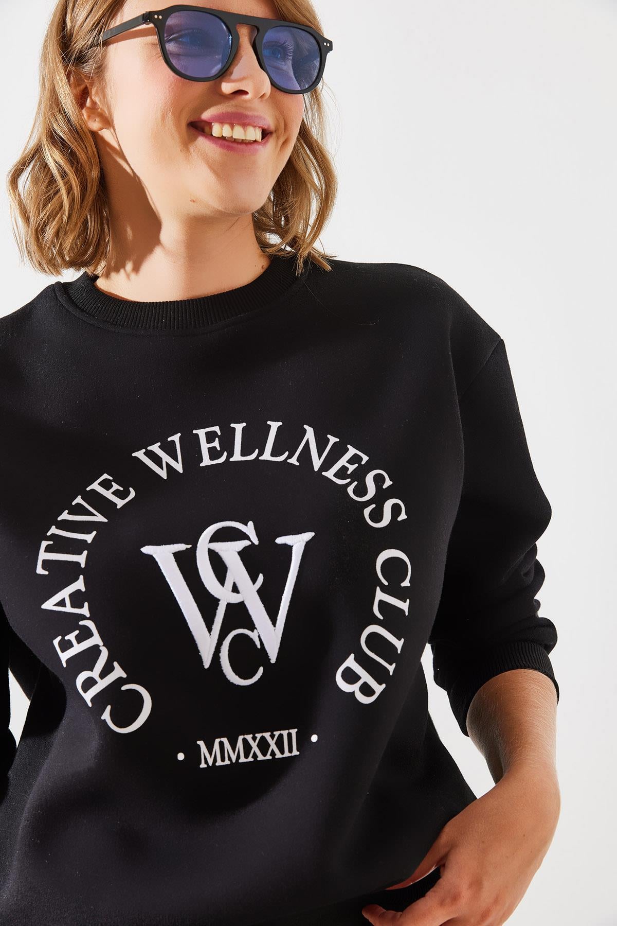Üç İplik Şardonlu Yazılı Sweatshirt MBHS010 60601010 - Siyah