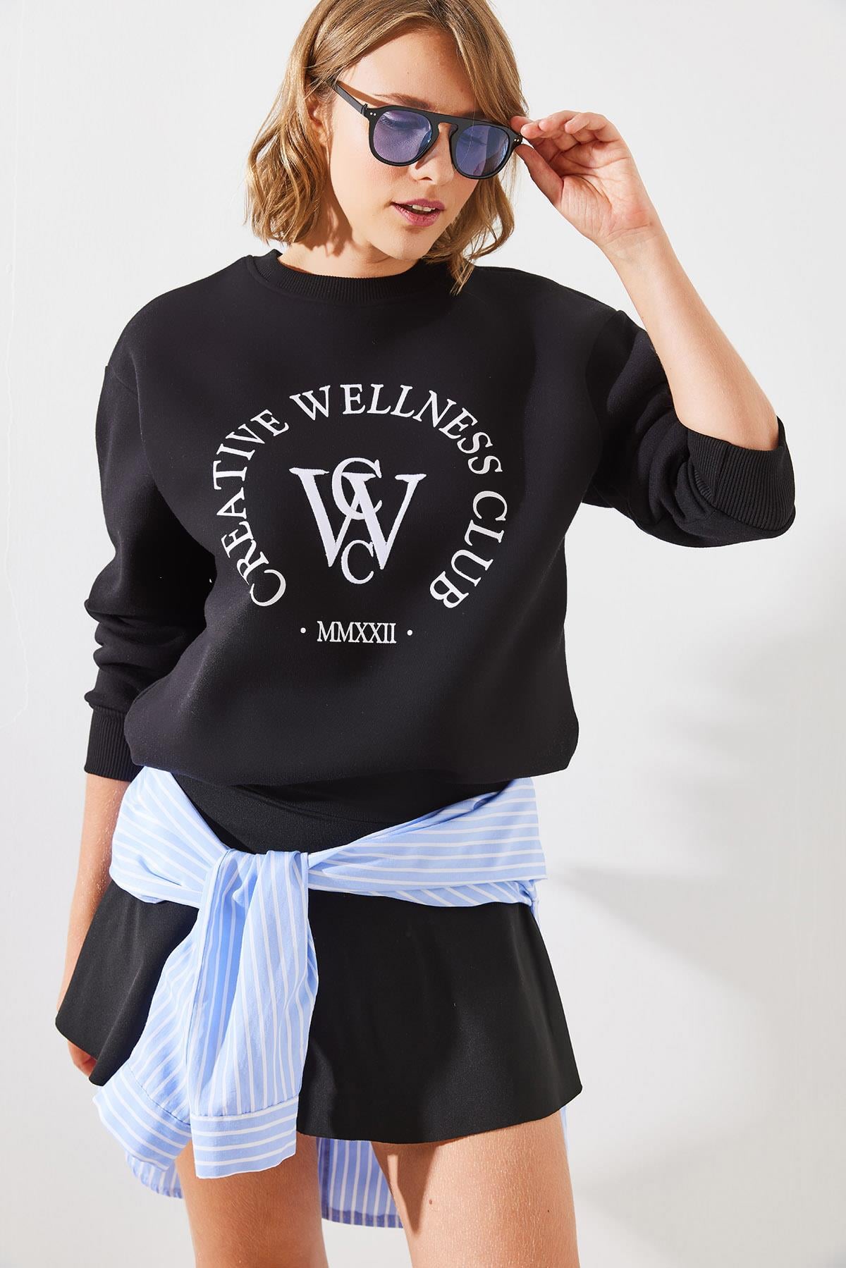 Üç İplik Şardonlu Yazılı Sweatshirt MBHS010 60601010 - Siyah