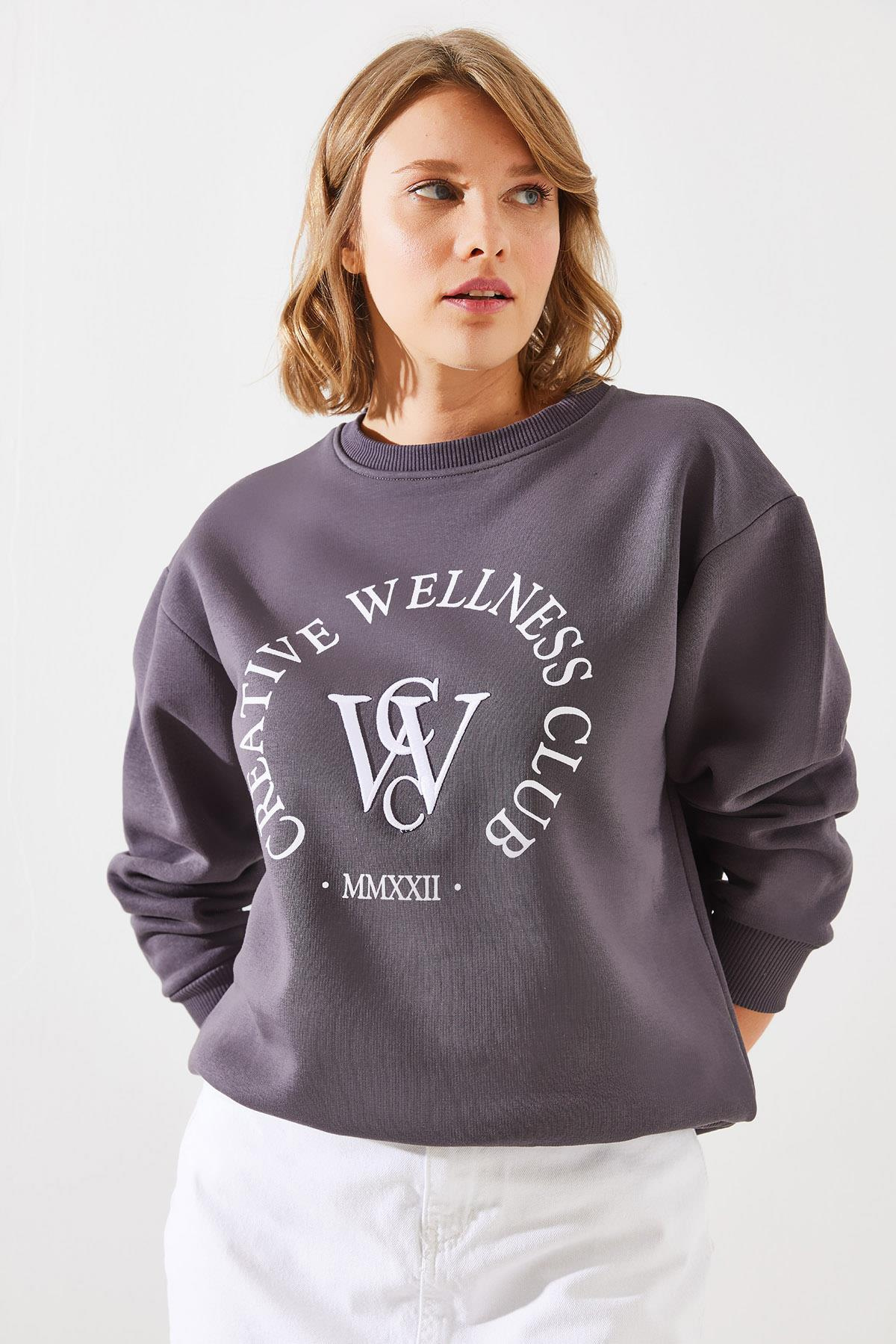 Üç İplik Şardonlu Yazılı Sweatshirt MBHS010 60601010 - Füme