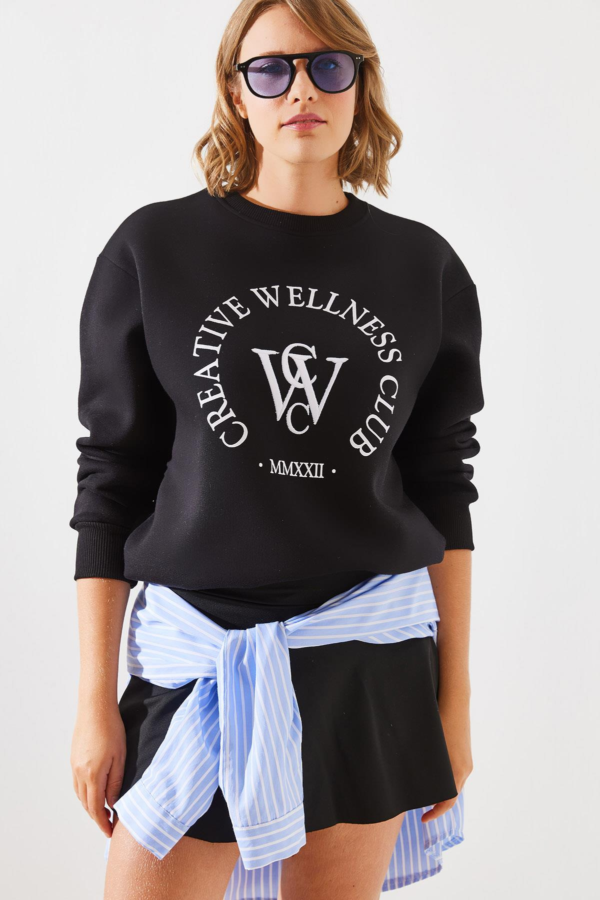 Üç İplik Şardonlu Yazılı Sweatshirt MBHS010 60601010 - Siyah