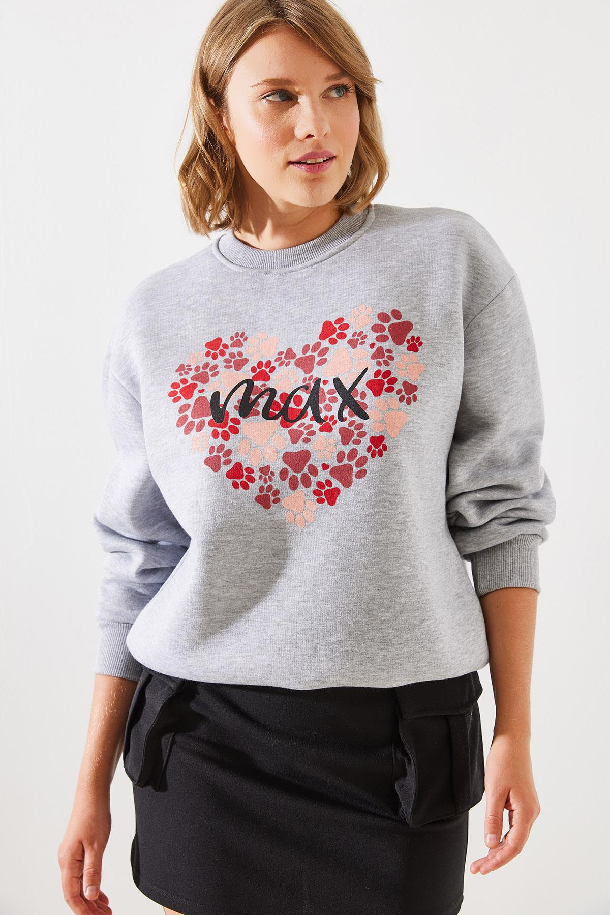 Üç İplik Şardonlu Yuvarlak Yaka Pati Baskılı Sweatshirt MBHS005 60601005 - Gri Melanj