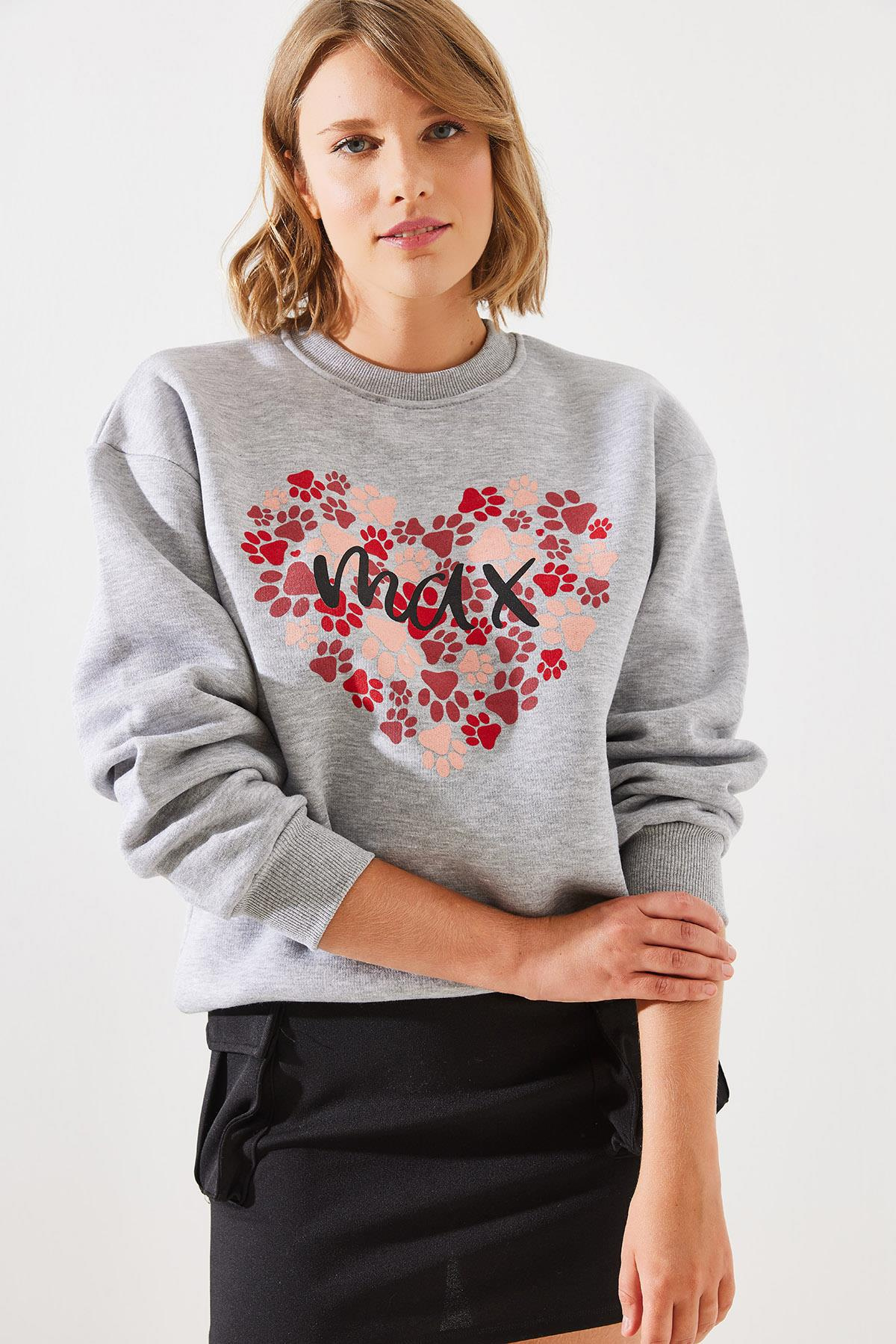 Üç İplik Şardonlu Yuvarlak Yaka Pati Baskılı Sweatshirt MBHS005 60601005 - Gri Melanj