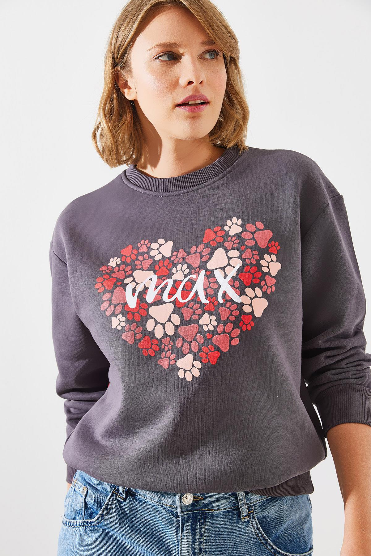 Üç İplik Şardonlu Yuvarlak Yaka Pati Baskılı Sweatshirt MBHS005 60601005 - Füme