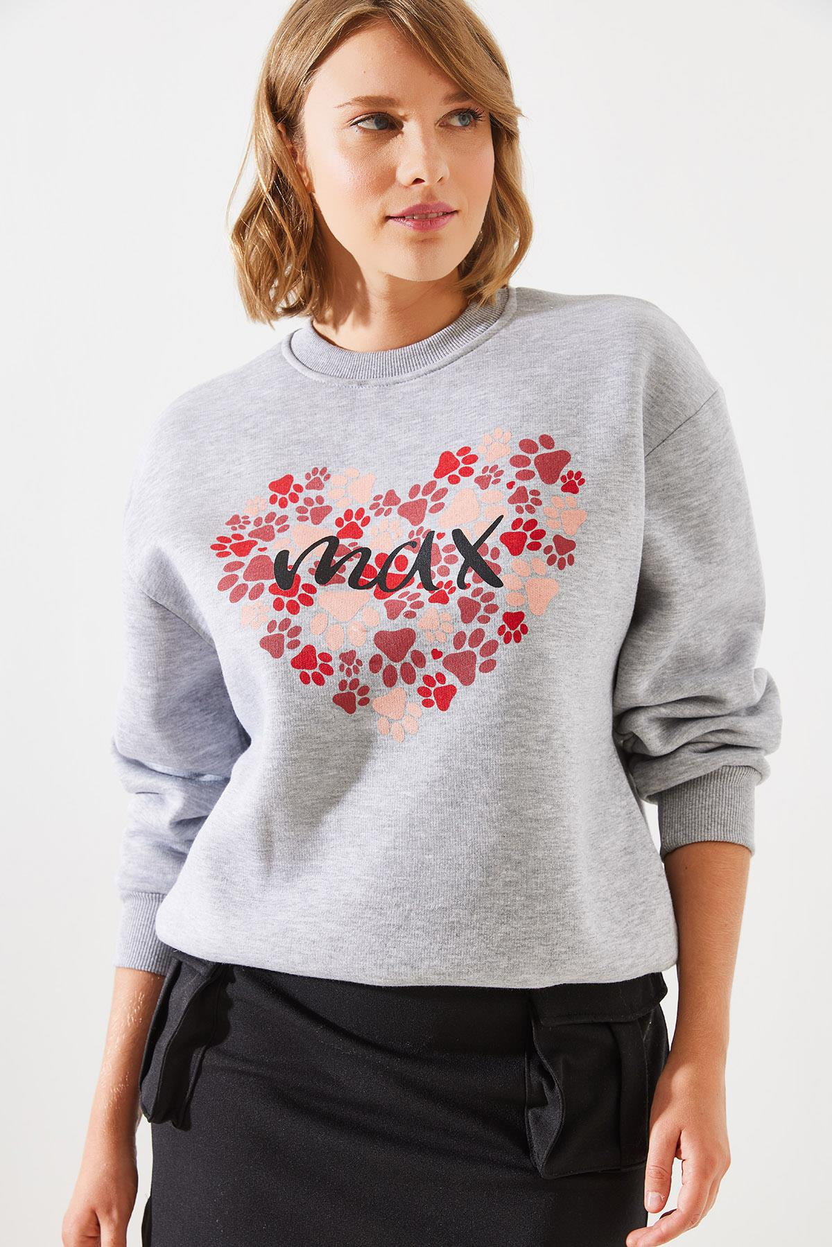 Üç İplik Şardonlu Yuvarlak Yaka Pati Baskılı Sweatshirt MBHS005 60601005 - Gri Melanj