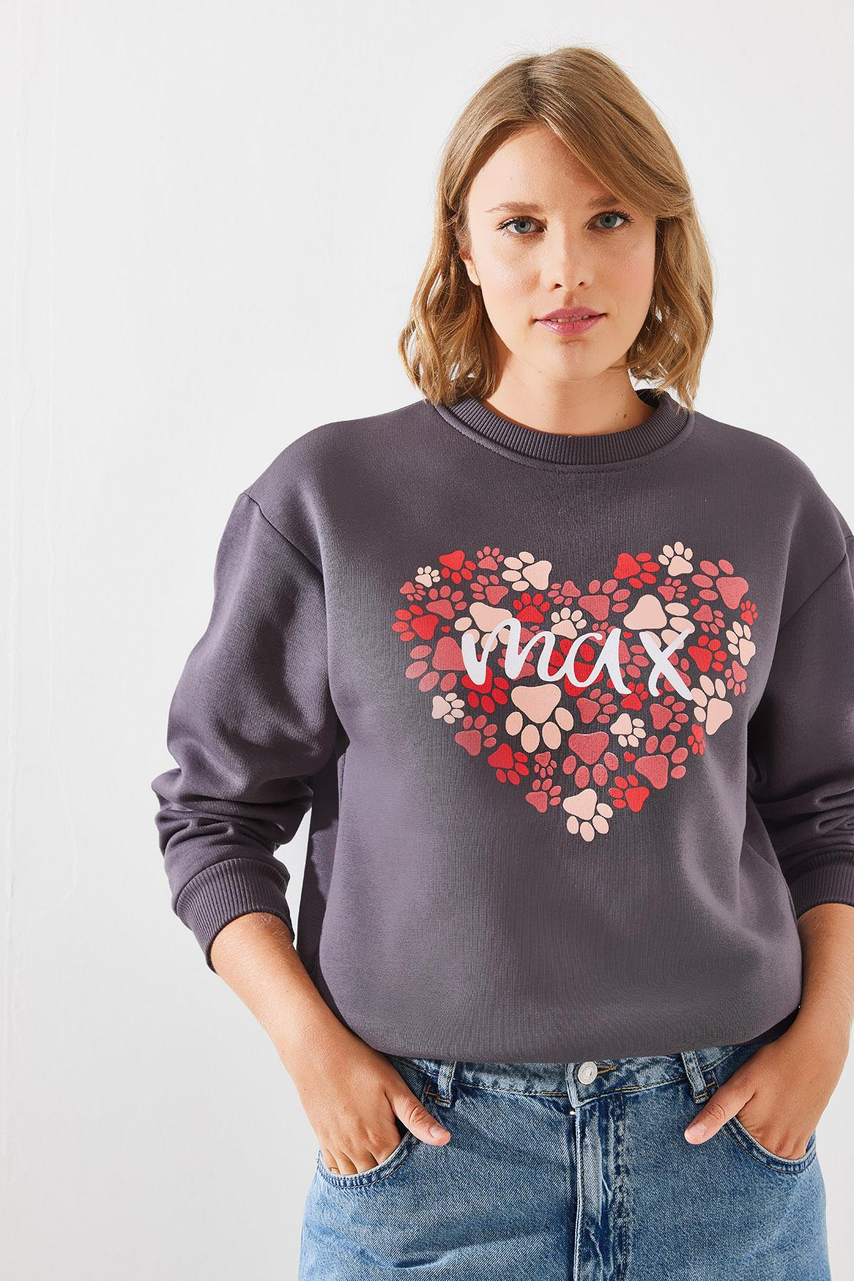 Üç İplik Şardonlu Yuvarlak Yaka Pati Baskılı Sweatshirt MBHS005 60601005 - Füme