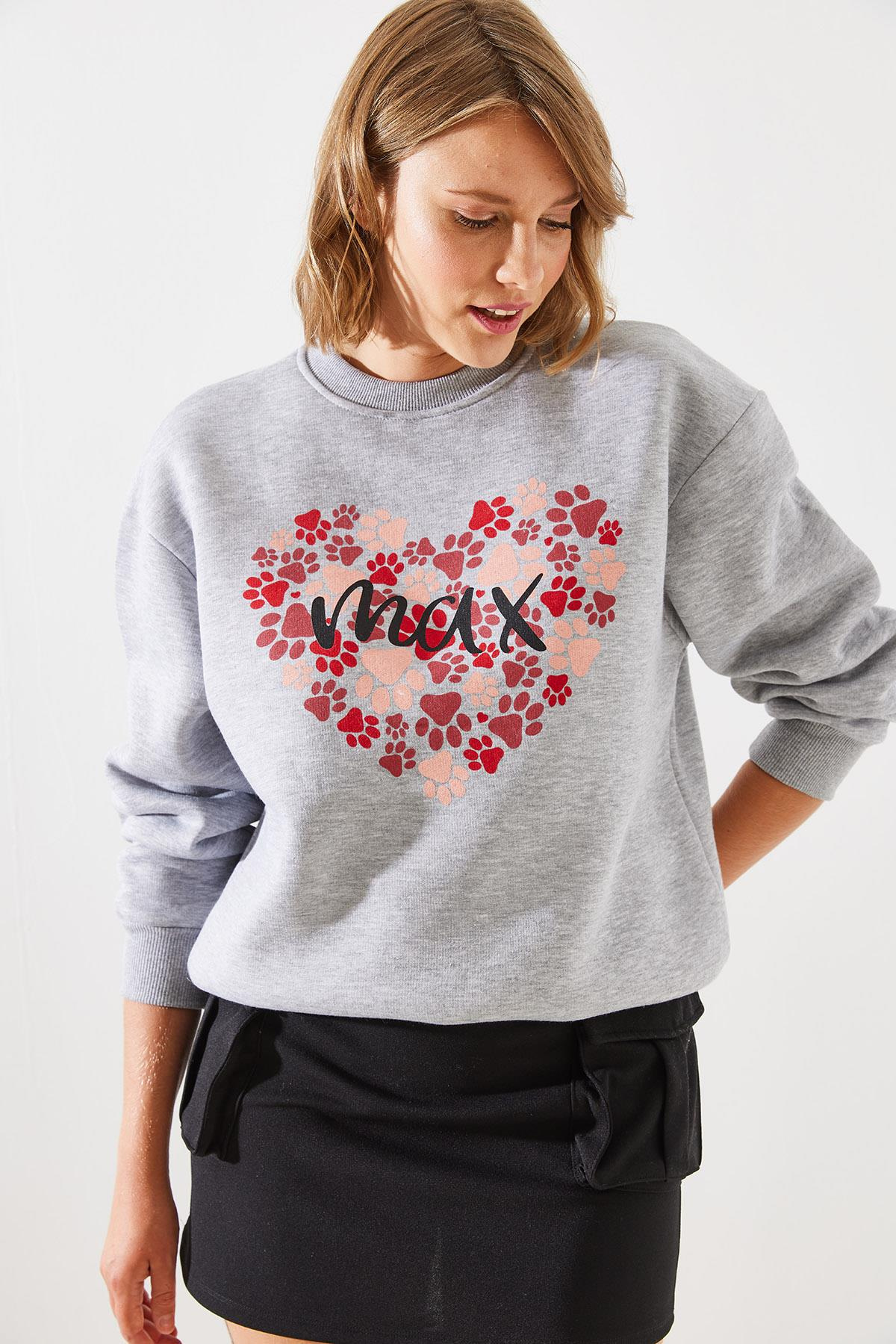 Üç İplik Şardonlu Yuvarlak Yaka Pati Baskılı Sweatshirt MBHS005 60601005 - Gri Melanj