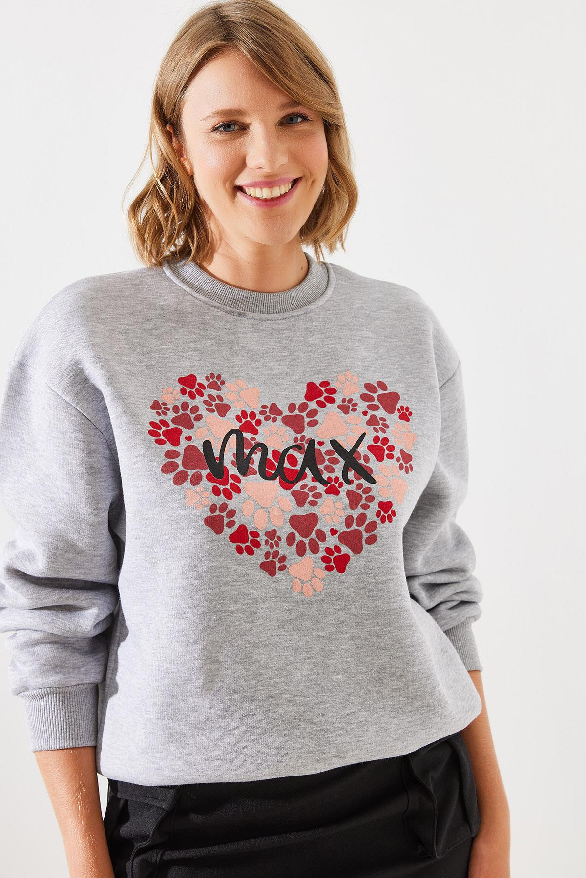 Üç İplik Şardonlu Yuvarlak Yaka Pati Baskılı Sweatshirt MBHS005 60601005 - Gri Melanj