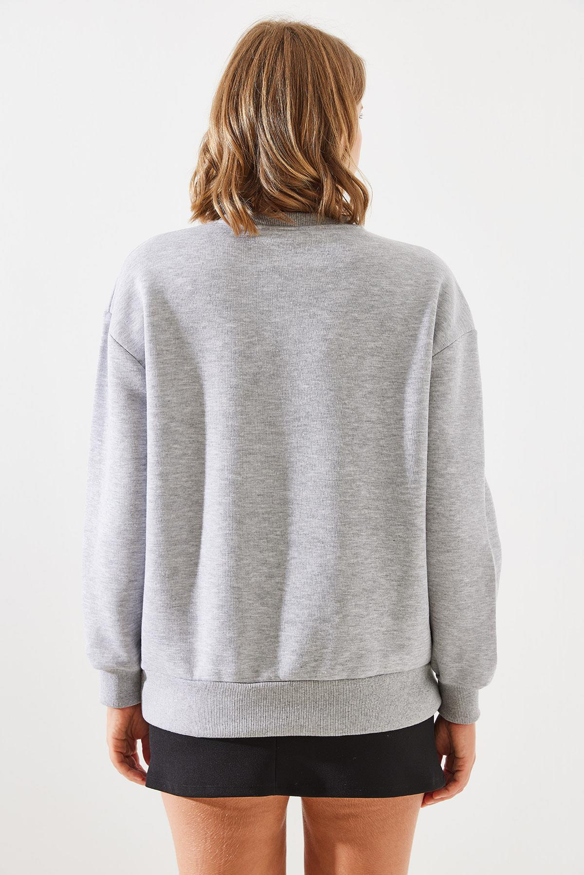 Üç İplik Şardonlu Yuvarlak Yaka Pati Baskılı Sweatshirt MBHS005 60601005 - Gri Melanj