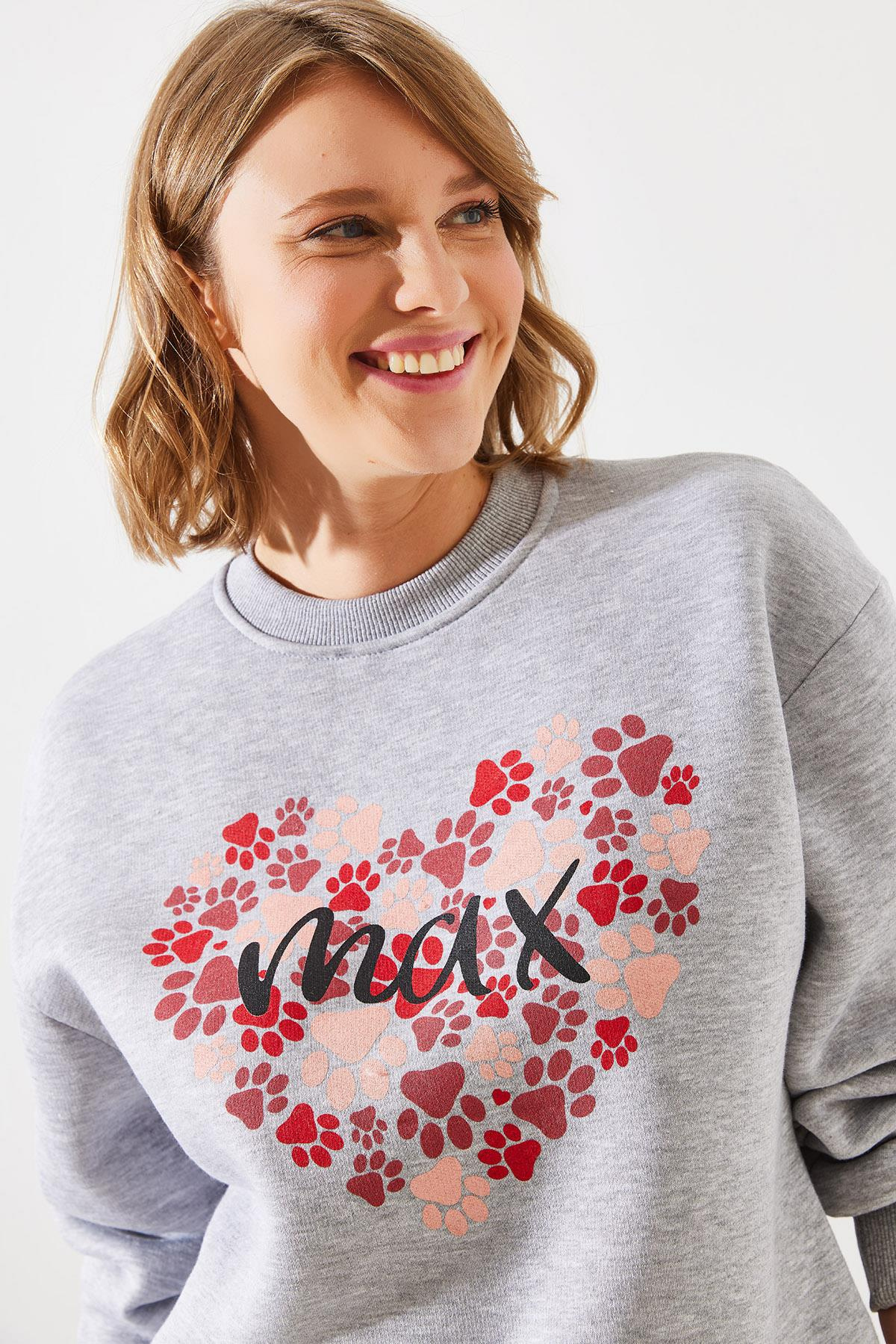 Üç İplik Şardonlu Yuvarlak Yaka Pati Baskılı Sweatshirt MBHS005 60601005 - Gri Melanj