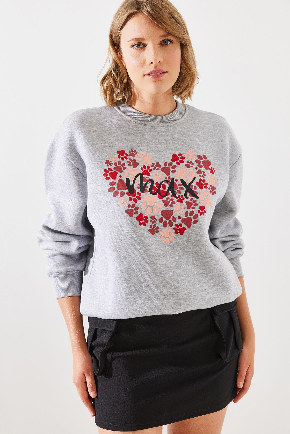 Üç İplik Şardonlu Yuvarlak Yaka Pati Baskılı Sweatshirt MBHS005 60601005 - Gri Melanj