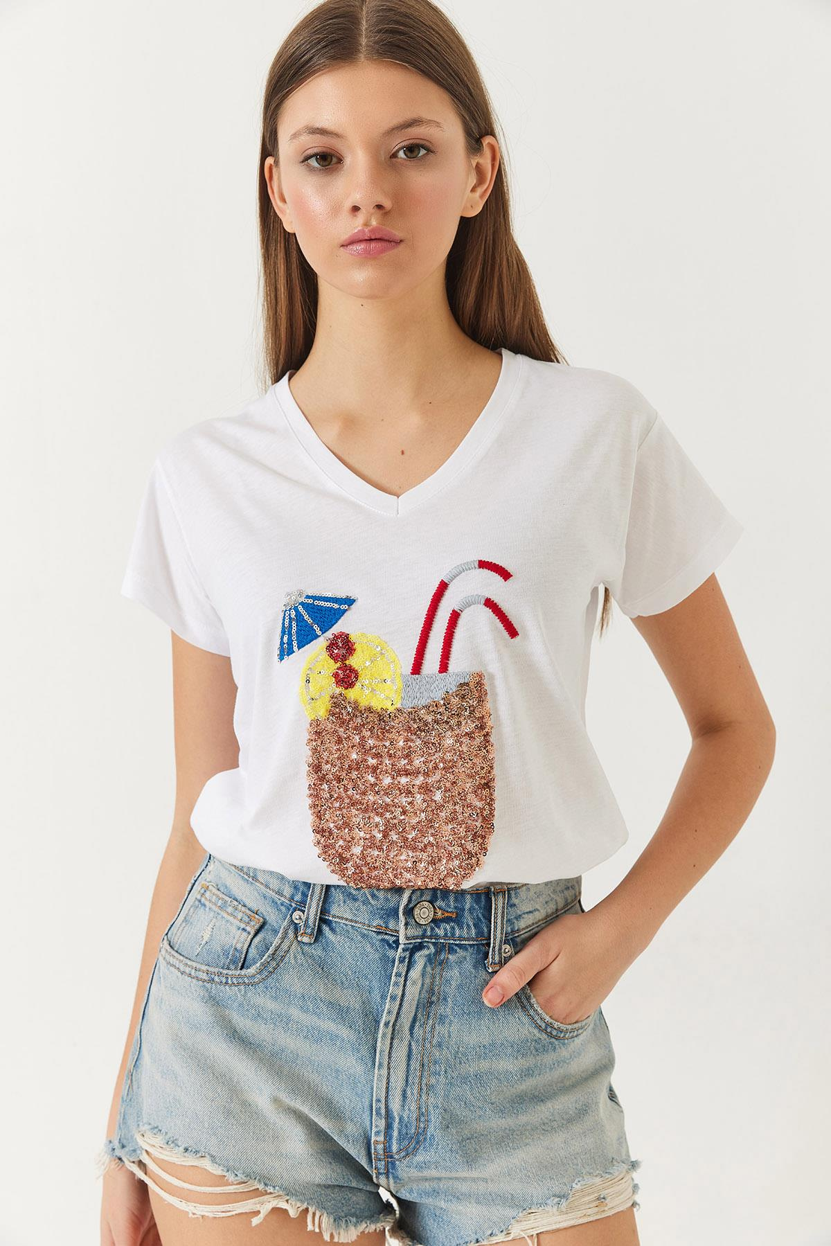 V Yaka Havai Desenli Renkli Payet İşlemeli T-Shirt 60261433 - Beyaz