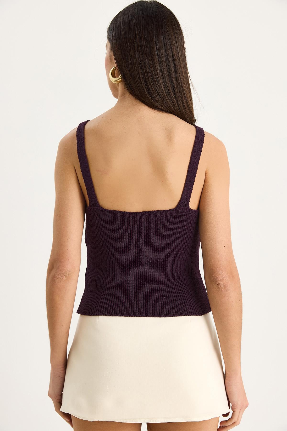 V Yaka İnce Askılı Crop Bluz 20259804 - Mürdüm