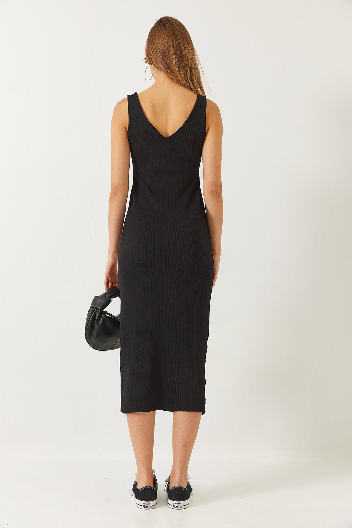 V Yaka Kalın Askılı Midi Boy Basic Elbise 60261479 - Siyah