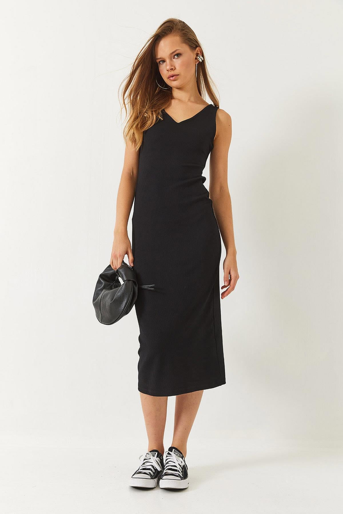 V Yaka Kalın Askılı Midi Boy Basic Elbise 60261479 - Siyah