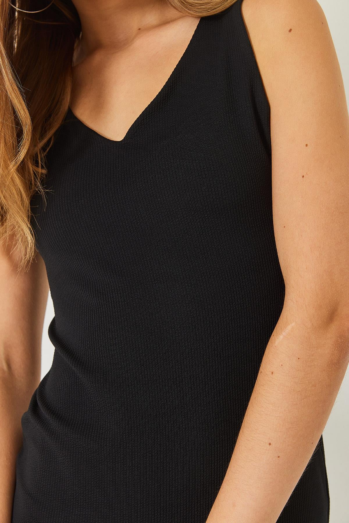 V Yaka Kalın Askılı Midi Boy Basic Elbise 60261479 - Siyah