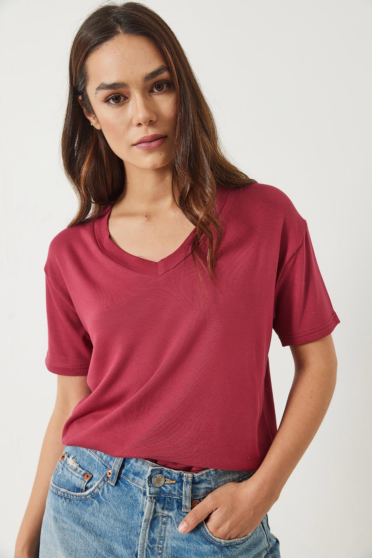 V Yaka Kısa Kollu Viskon T-Shirt 3077 60283074 - Vişne