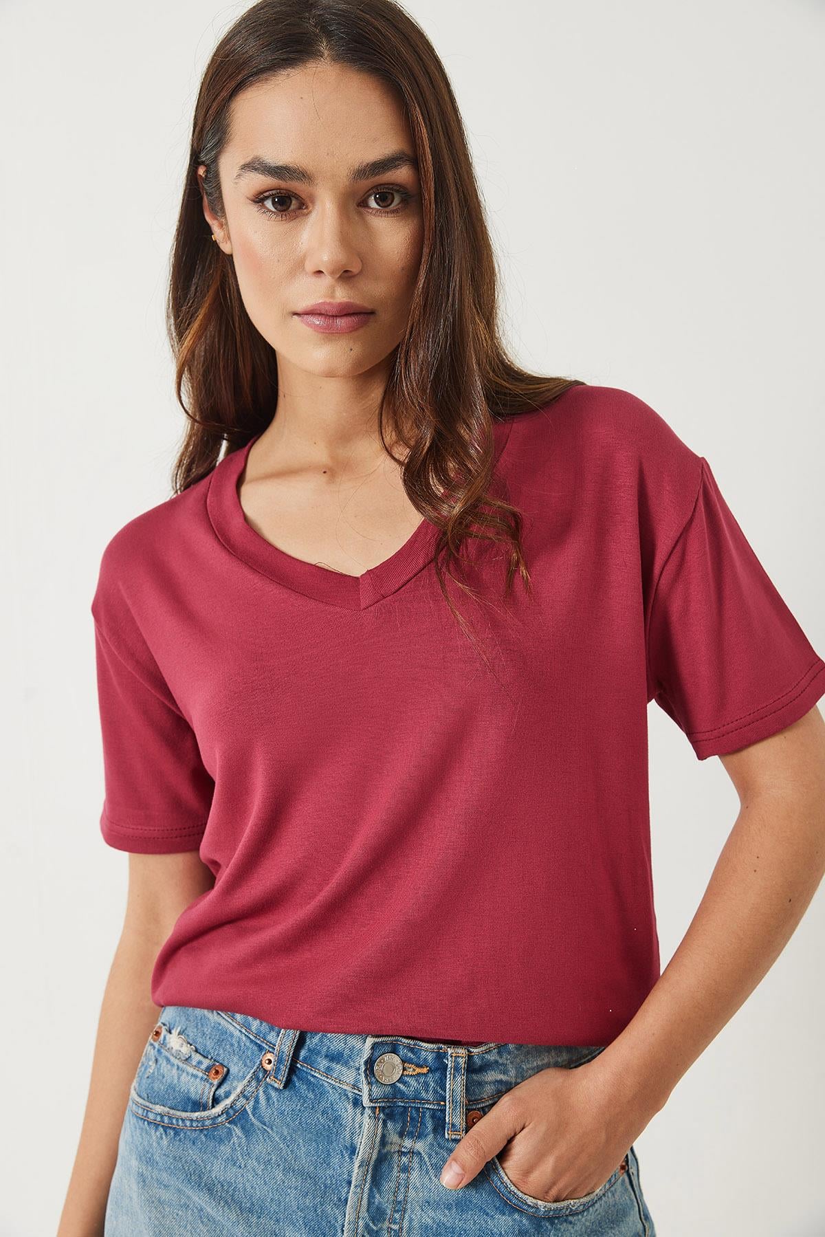 V Yaka Kısa Kollu Viskon T-Shirt 3077 60283074 - Vişne