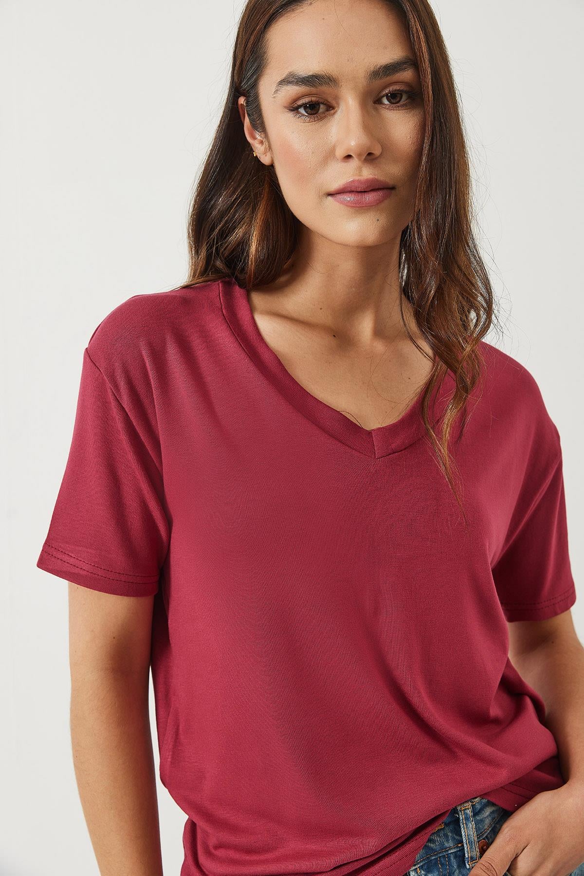 V Yaka Kısa Kollu Viskon T-Shirt 3077 60283074 - Vişne