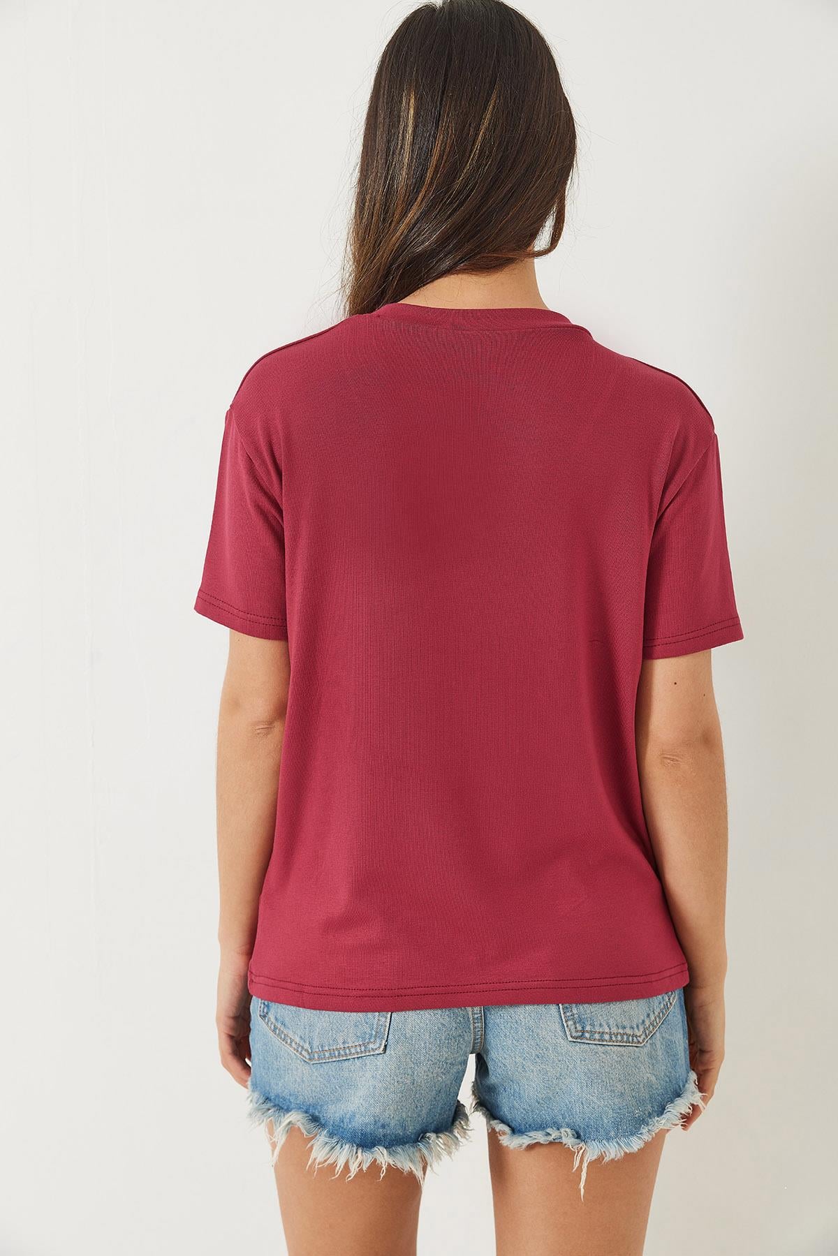 V Yaka Kısa Kollu Viskon T-Shirt 3077 60283074 - Vişne