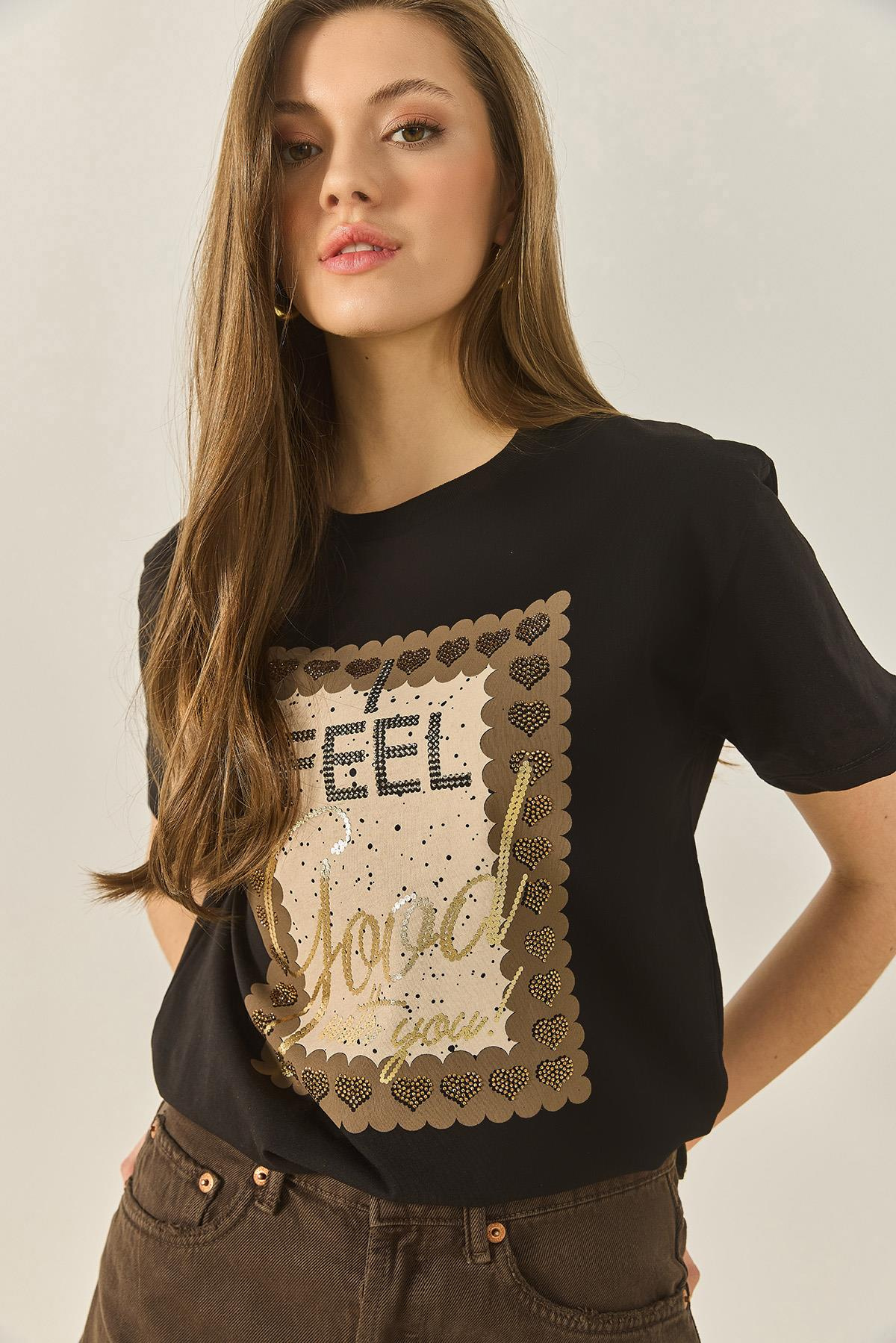Varak Baskılı Taş Detaylı Kısa Kollu Bisiklet Yaka Pamuklu T-Shirt 60283309 - Siyah