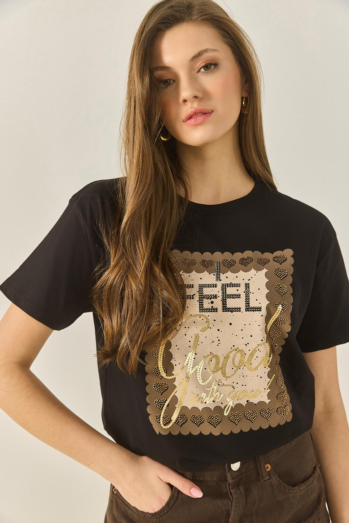Varak Baskılı Taş Detaylı Kısa Kollu Bisiklet Yaka Pamuklu T-Shirt 60283309 - Siyah