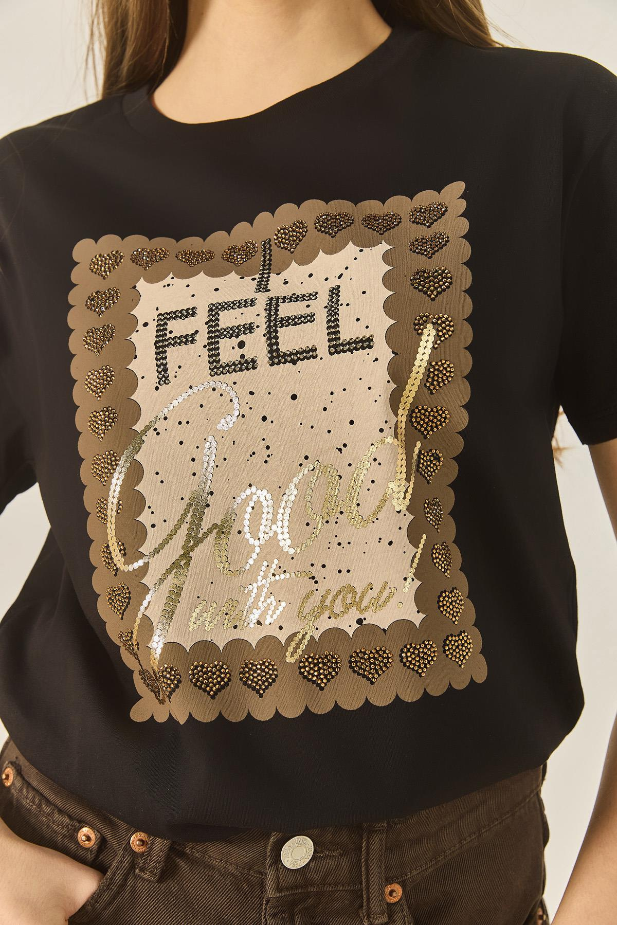 Varak Baskılı Taş Detaylı Kısa Kollu Bisiklet Yaka Pamuklu T-Shirt 60283309 - Siyah