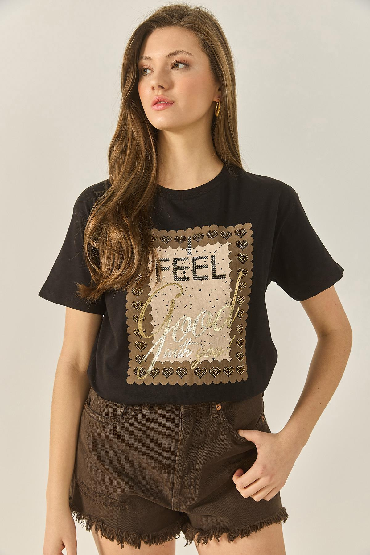 Varak Baskılı Taş Detaylı Kısa Kollu Bisiklet Yaka Pamuklu T-Shirt 60283309 - Siyah