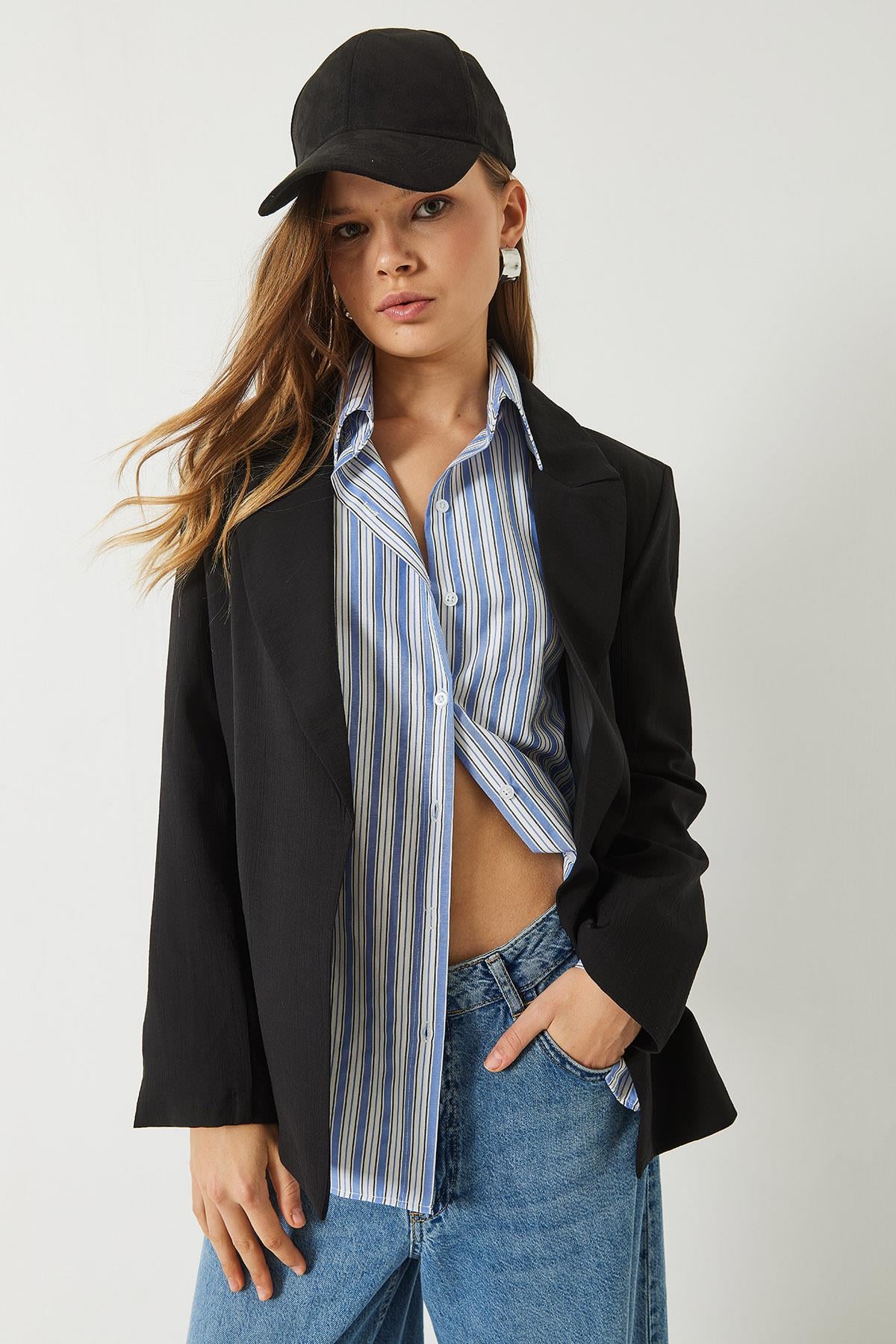 Vatkalı Astarı Çizgili Çilek Kumaş Blazer Ceket 50178 60283002 - Siyah