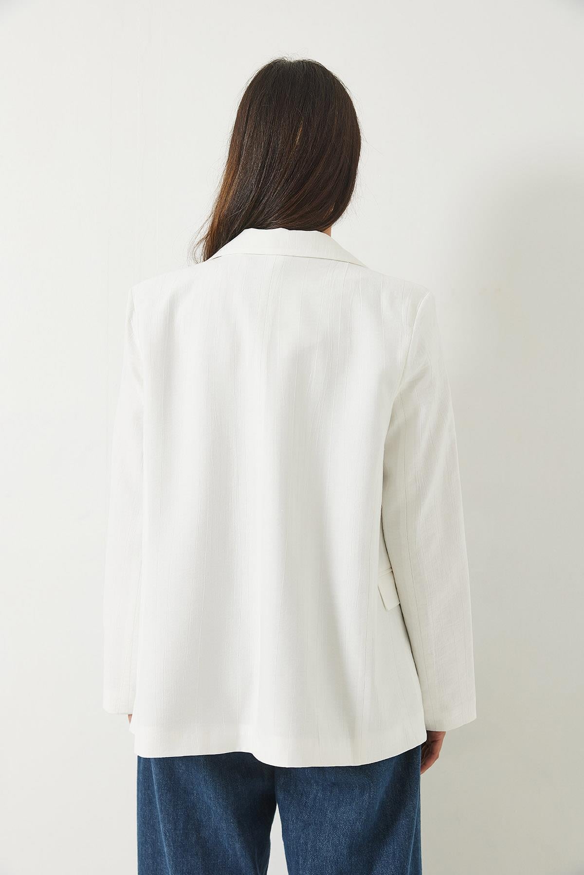 Vatkalı Astarı Çizgili Çilek Kumaş Blazer Ceket 50178 60283002 - Ekru