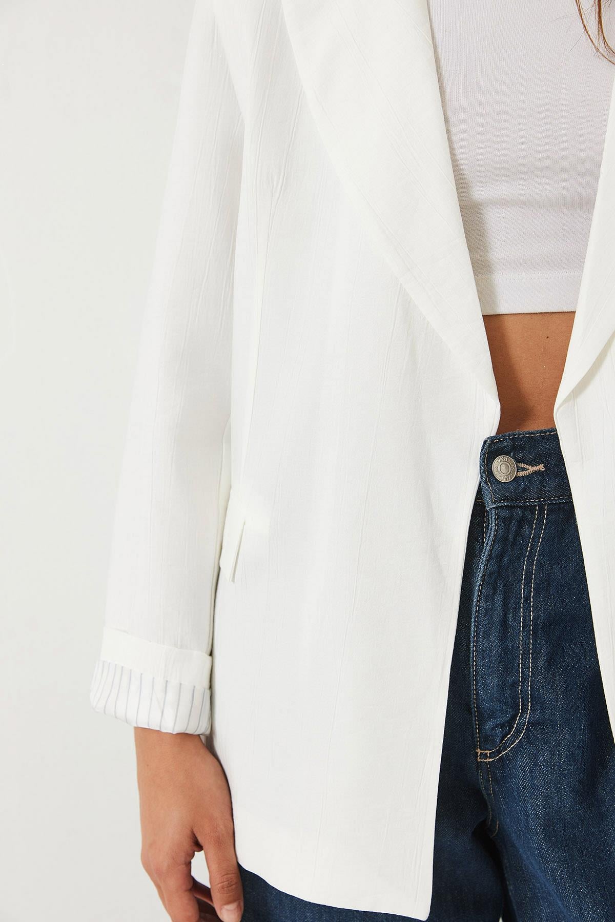 Vatkalı Astarı Çizgili Çilek Kumaş Blazer Ceket 50178 60283002 - Ekru