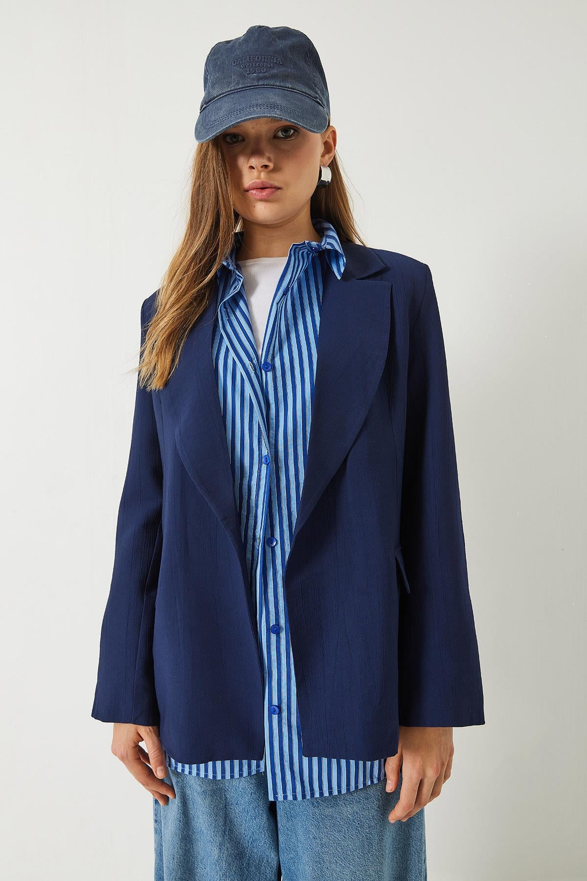 Vatkalı Astarı Çizgili Çilek Kumaş Blazer Ceket 50178 60283002 - Lacivert