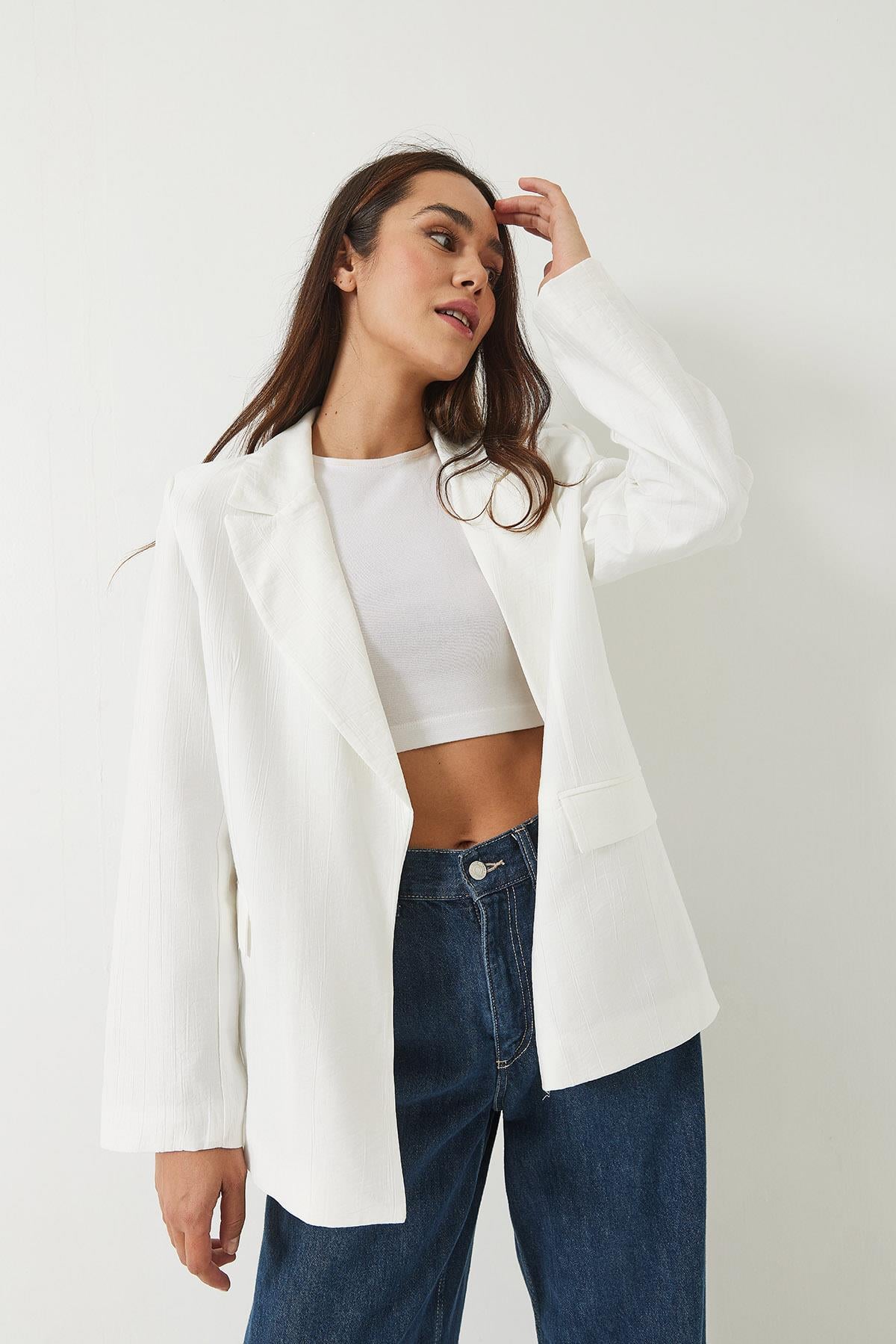 Vatkalı Astarı Çizgili Çilek Kumaş Blazer Ceket 50178 60283002 - Ekru