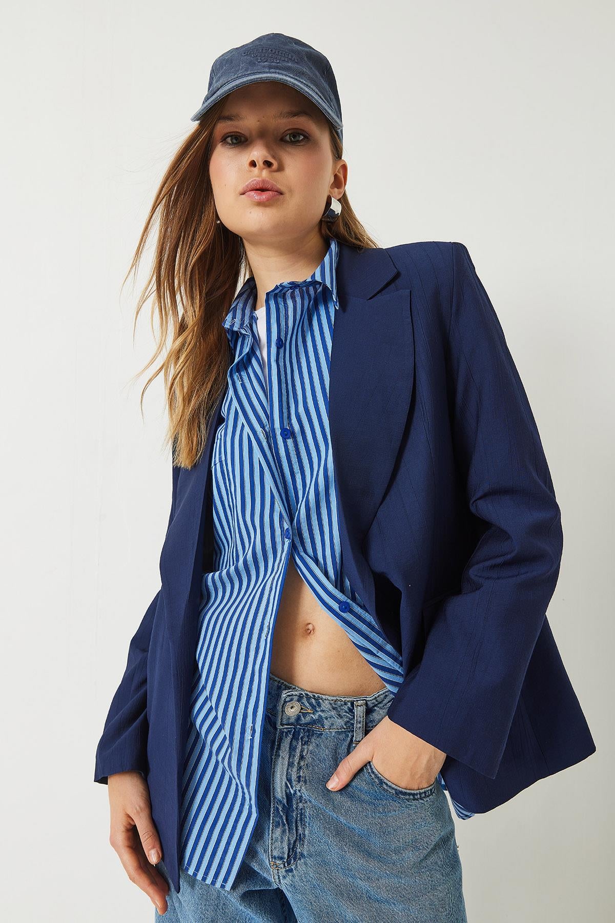 Vatkalı Astarı Çizgili Çilek Kumaş Blazer Ceket 50178 60283002 - Lacivert