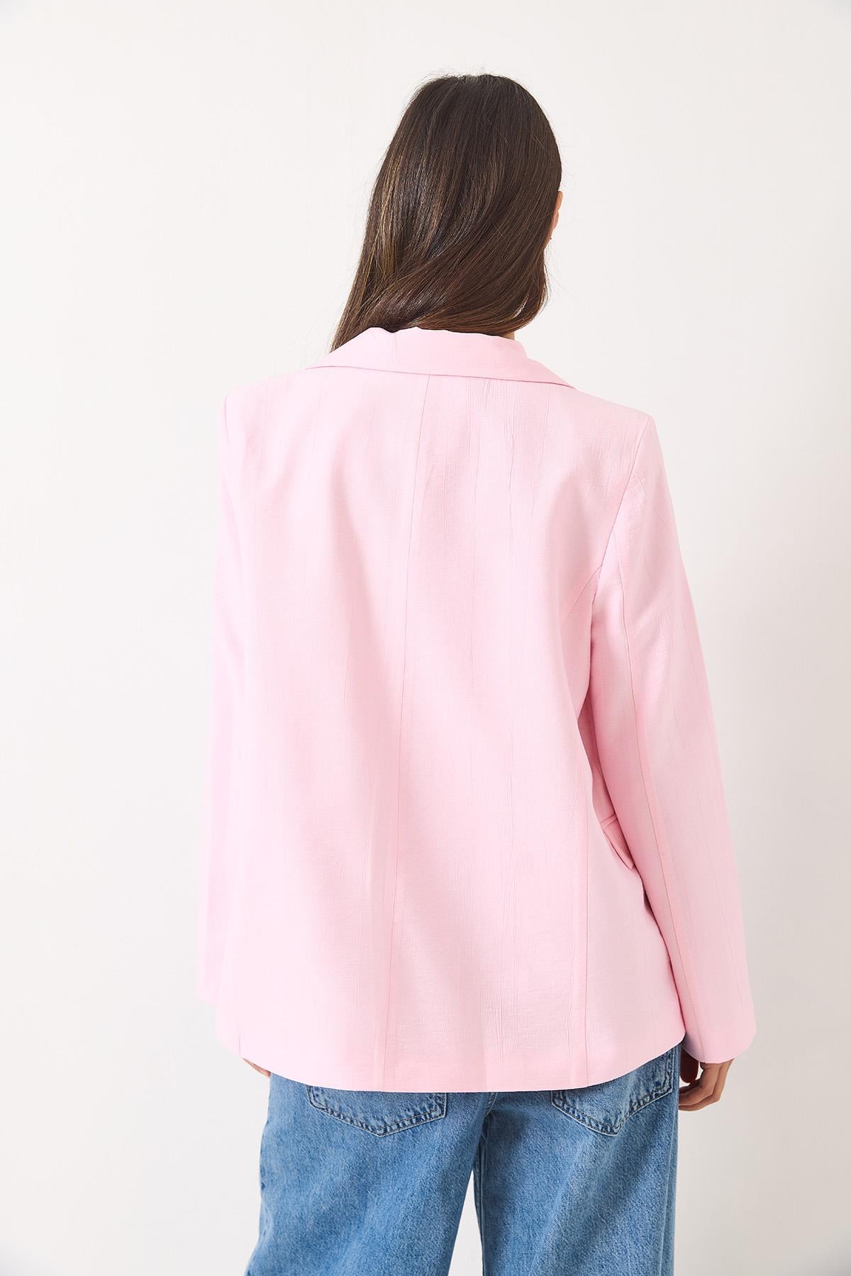 Vatkalı Astarı Çizgili Çilek Kumaş Blazer Ceket 50178 60283002 - Pudra